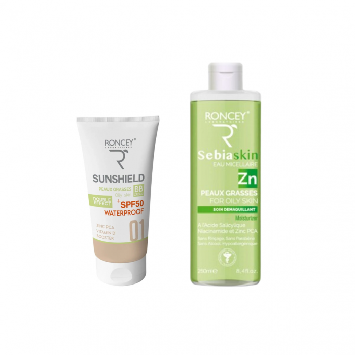 Roncey Sunshield teinté 01 peaux grasse SPF50+ 50ml+Eau micellaire 250ml (offert) – Image 1