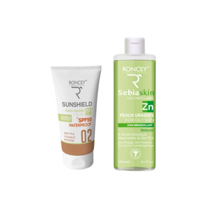 Roncey Sunshield teinté 02 peaux grasse SPF50+ 50ml+Eau micellaire 250ml (offert) – Image 1