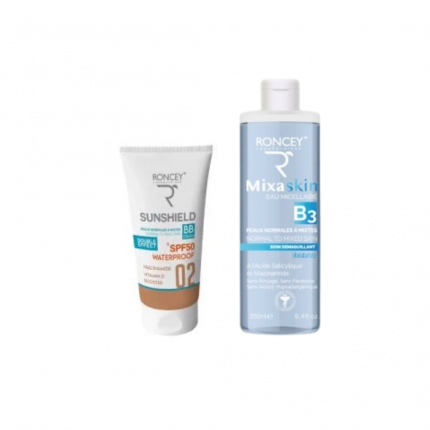Roncey Sunshield SPF50+ teinté 02 peaux normales à mixtes 50ml+Eau micellaire 250ml (offert)
