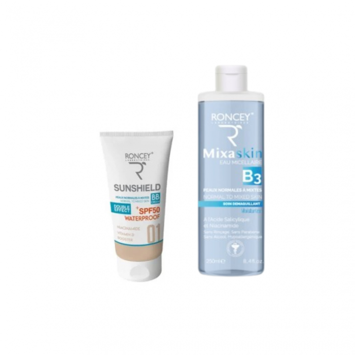 Roncey Sunshield SPF50+ teinté 01 peaux normales à mixtes 50ml+Eau micellaire 250ml (offert) – Image 1